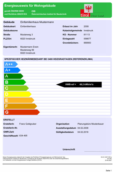 Energieausweis für Wohnhäuser ab 1. Jänner 2008